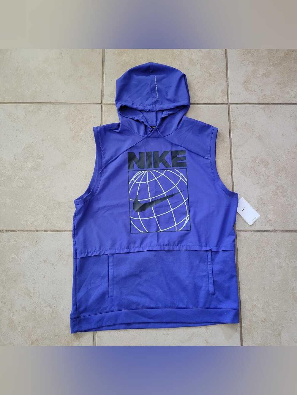 Nike Dri-FIT sleeveless Mens Size XL globe graphic Pullover hoodie Blue Swoosh